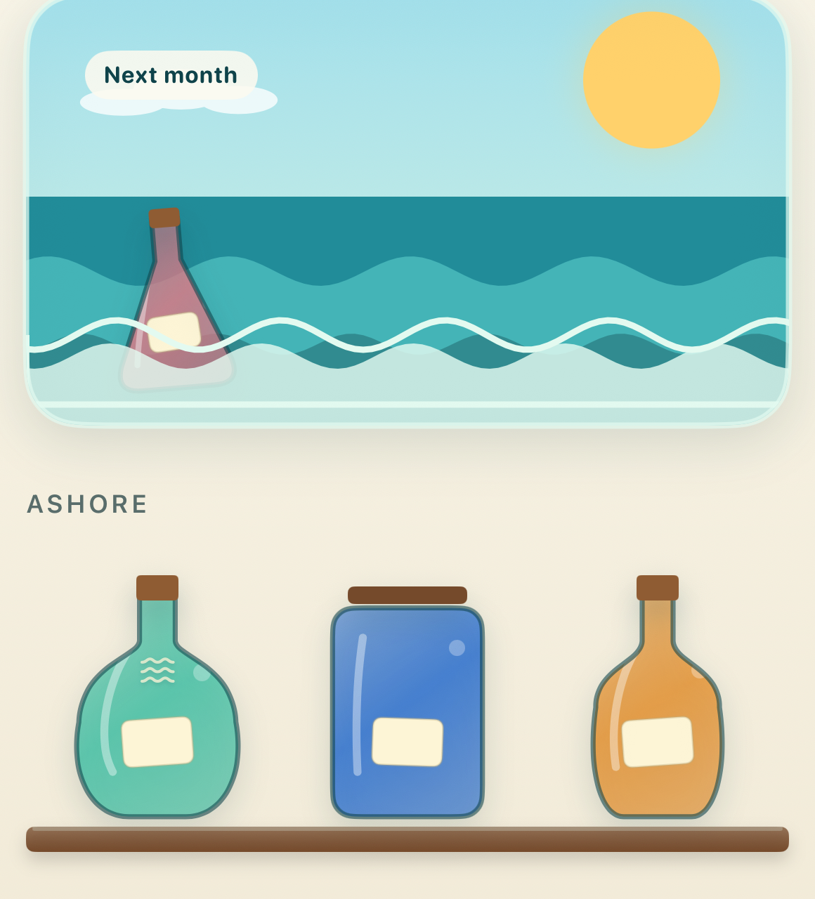 Bottlethought shelf showing a bottle at sea and one complete shelf ashore